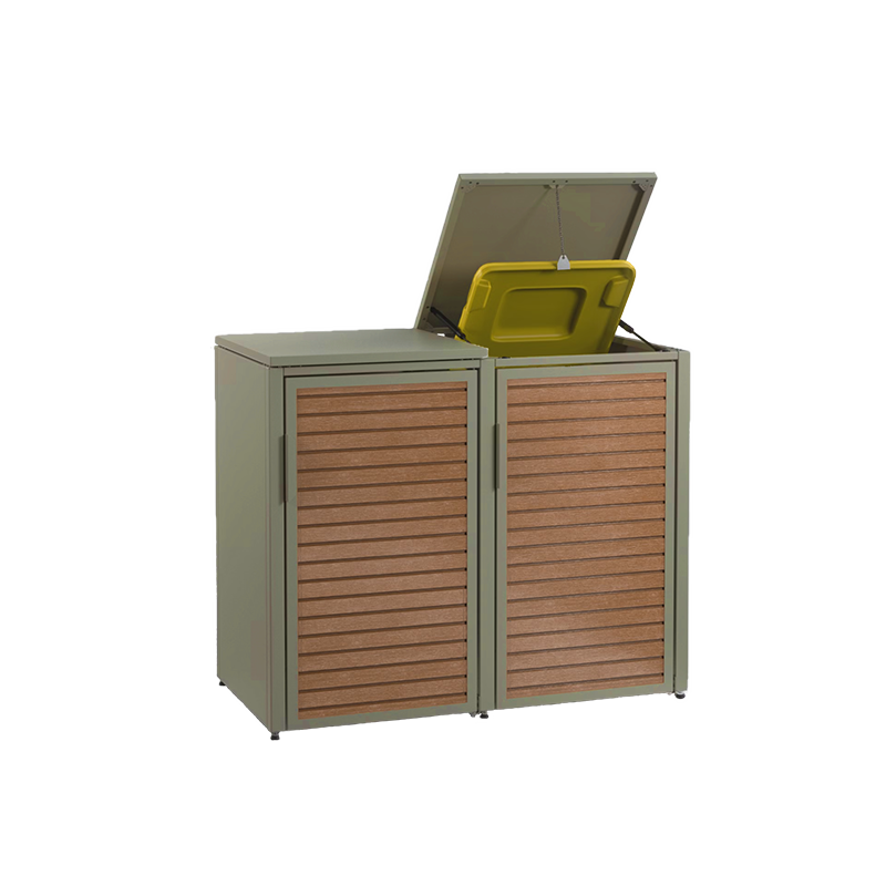 MEISTERBOX WPC 2er Mülltonnenbox in Teak mit Klappdach, RAL 7030