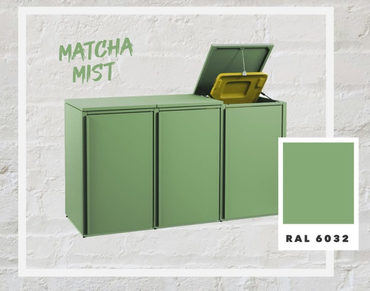 MEISTERBOX Mülltonnenbox 3er in Grün (RAL 6032, Matcha Mist) mit geöffnetem Deckel